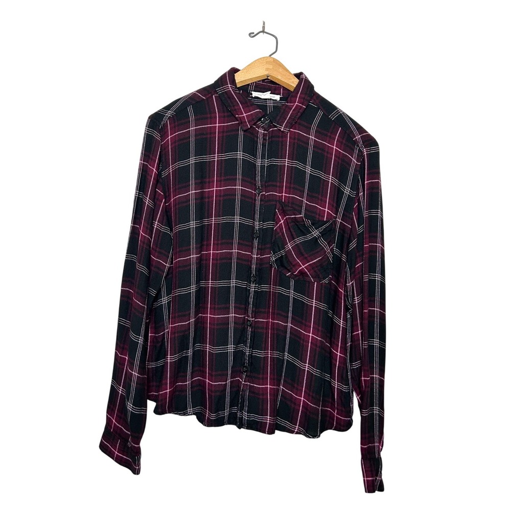 Beach‎ Lunch Lounge Womens Boxy Fit Plaid Long Sleeve Button Front Top Medium M